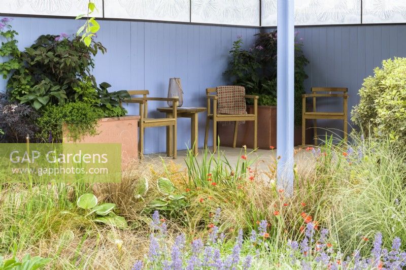 Jardin avec coin salon couvert à côté d'un étang planté d'Iris 'White Swirl', Hostas, Carex buchananii et Nepeta 'Summer Magic' reflétant la couleur bleue des murs - SSAFA Sanctuary Garden. Créatrice : Amanda Waring