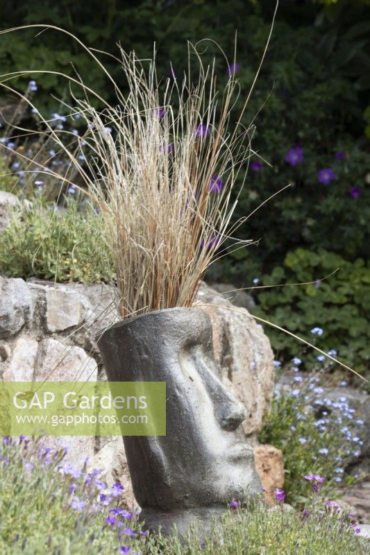 Une tête de sculpture de style île de Pâques est plantée d'une herbe ornementale pour plus d'intérêt. Printemps