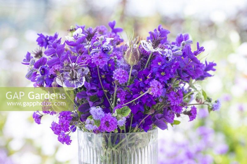 Bouquet contenant de la Salvia viridis 'Blue Monday', de la Verbena rigida 'Santos', de la Nigella papillosa 'Delft Blue', des gousses de Nigelle, de la Consolida ajacis 'Blue Spire', de l'Ageratum 'Blue Mink'