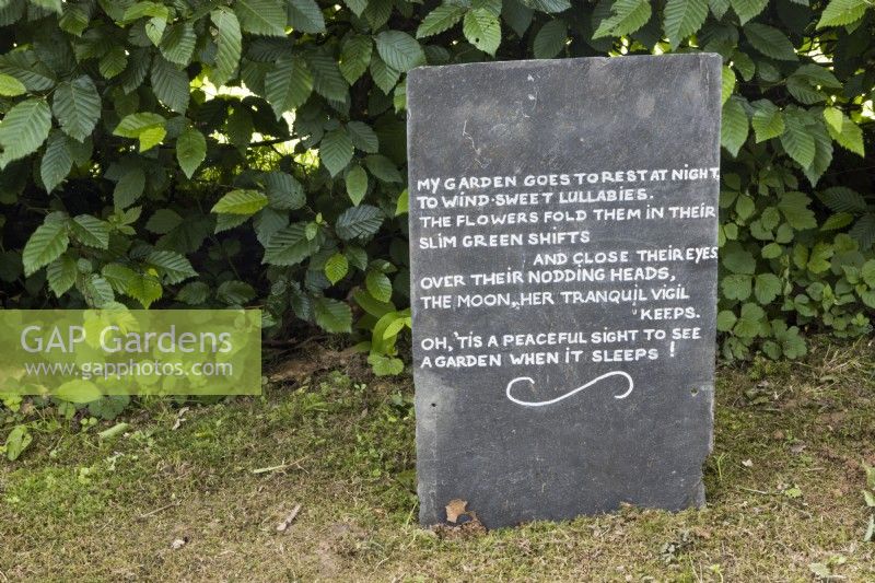 Une ardoise recyclée porte une citation sur le jardinage et est affichée à côté d'une haie de hêtres. Lewis Cottage, jardin NGS Devon. Le printemps