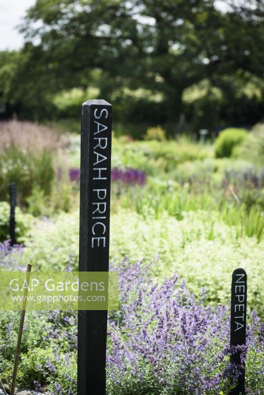 Poteaux en bois noir avec les noms de femmes jardinières renommées utilisées pour identifier les zones de culture dans une ferme florale en juillet
