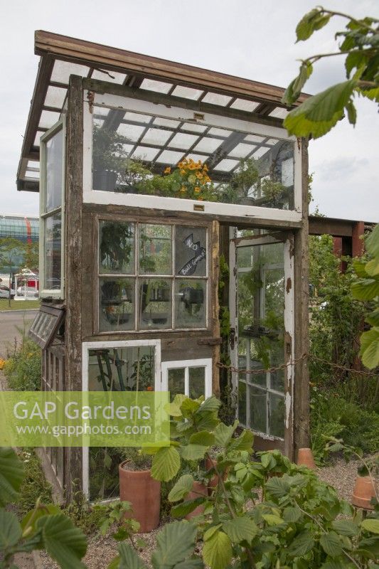 Serre fabriquée à partir de vieilles portes et fenêtres dans Frances' Garden à BBC Gardeners World Live 2022