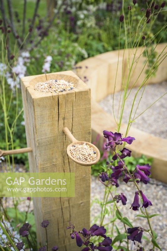 Mangeoire à oiseaux en bois avec pomme parmi l'herbe Sanguisorba et Calamagrosis dans le jardin de la cuillère en bois, RHS Hampton Court Palace Garden Festival 2022