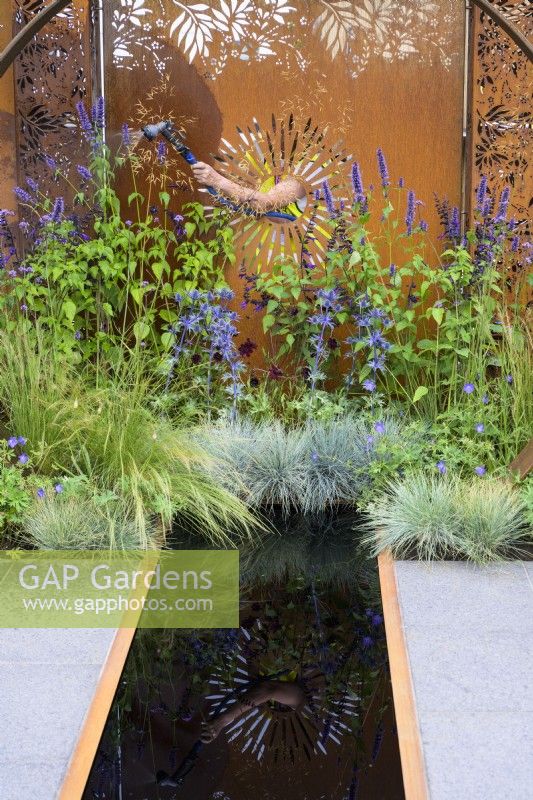 Arrosage à travers des panneaux en acier Corten entourant la plantation de Verbena bonariensis, Stipa tenuissima, Geranium, Agastache 'Black Adder' et Achillea 'Moonshine' avec rigole d'eau - Sunburst Garden, RHS Hampton Court Palace Garden Festival 2022