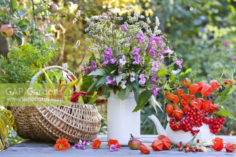 Arrangement floral et légumes récoltés sur la table, y compris le sarrasin, le baume de l'Himalaya, les lanternes chinoises et les baies de rowan.