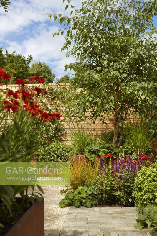Plantes annuelles chaudes dans le 'Lunch Break Garden', RHS Hampton Court Palace Garden Festival, Londres, juillet 2022 - Best in Show Get Started Gardens - Concepteur : Inspired Earth Design