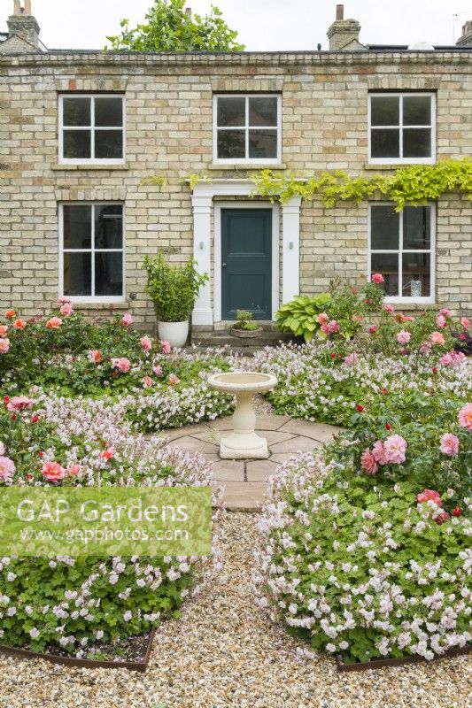 Rosa 'Summer Beauty' syn. Rosa 'Korobe' et Geranium x cantabrigiense 'St Ola' plantés dans des plates-bandes circulaires devant un studio de jardin en briques à l'échelle 2/3 conçu pour ressembler à une maison. Peut