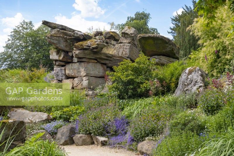Plantation naturaliste autour de formations rocheuses spectaculaires dans Paxton's Rock Garden, Chatsworth House and Garden.