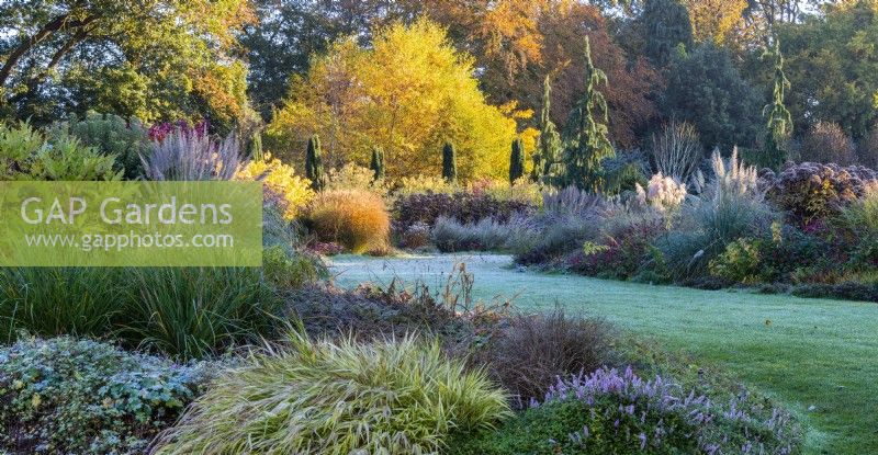 Avis de parterres mixtes plein de couleurs d'automne au Bressingham Gardens.