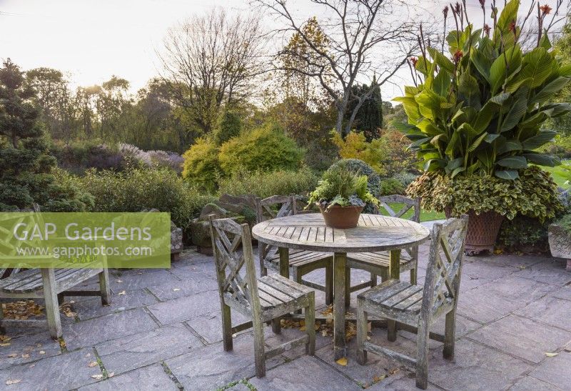 Terrasse avec sièges en bois entourée de plantes à feuillage dans le jardin de John Massey en octobre.