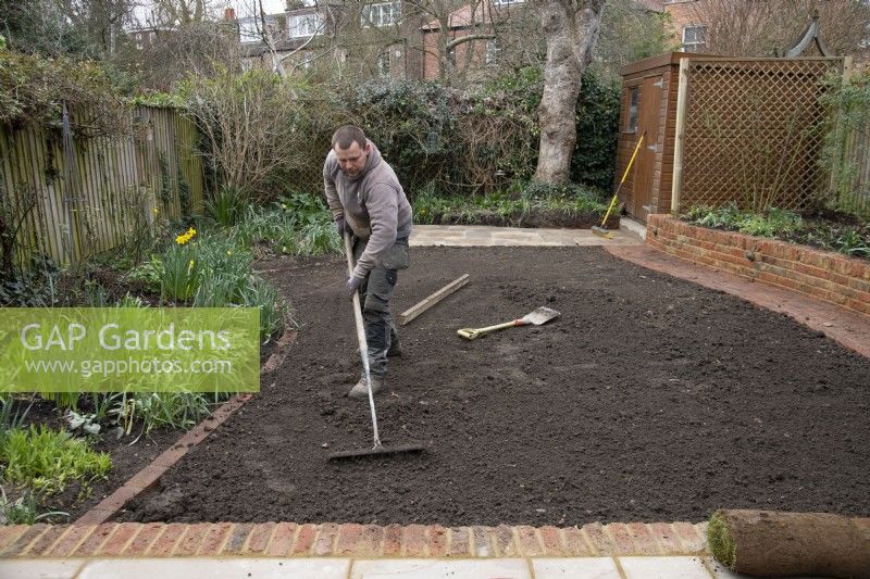 Un ouvrier ratissant le sol en vue de la pose d'un nouveau gazon lors de la rénovation d'un jardin londonien.