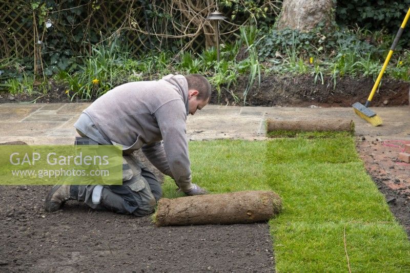 Un ouvrier posant un nouveau gazon lors de la rénovation d'un jardin londonien.