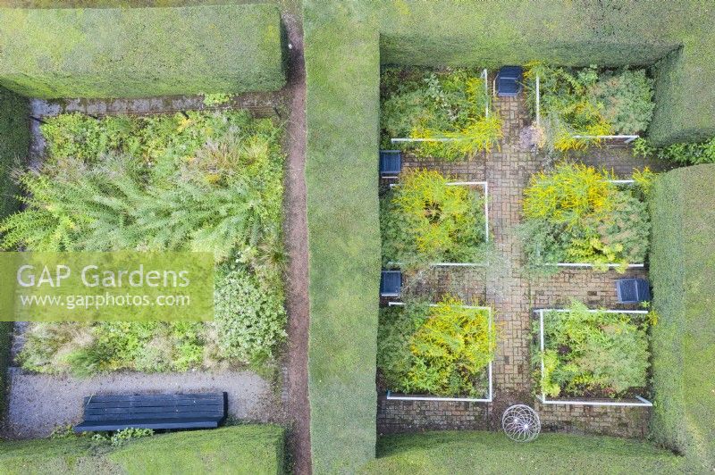 Deux 'chambres' de jardin délimitées par des haies matures taillées d'ifs et contenant des plantations herbacées de fin d'été. Juillet. Image prise depuis un drone.