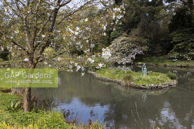 Une vue sous un arbre avec des fleurs de printemps sur un grand lac avec une île au milieu. L'île a une sculpture d'une jeune fille balançant un petit enfant dans les airs. Jardins de Marwood Hill, Devon. Printemps. Peut