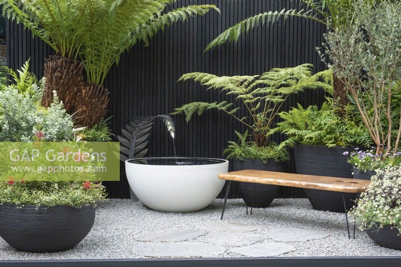 Une cour inspirée de la Nouvelle-Zélande, avec un siège en bois de kauri récupéré et des pots faits à la main remplis de plantes indigènes et de fougères arborescentes. Une pièce d'eau sur mesure est alimentée par une fougère argentée, symbole national de la Nouvelle-Zélande.