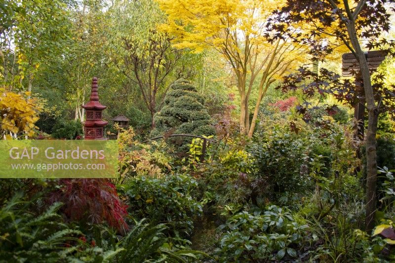 Pagode rouge dans le jardin des quatre saisons - West Midlands - octobre