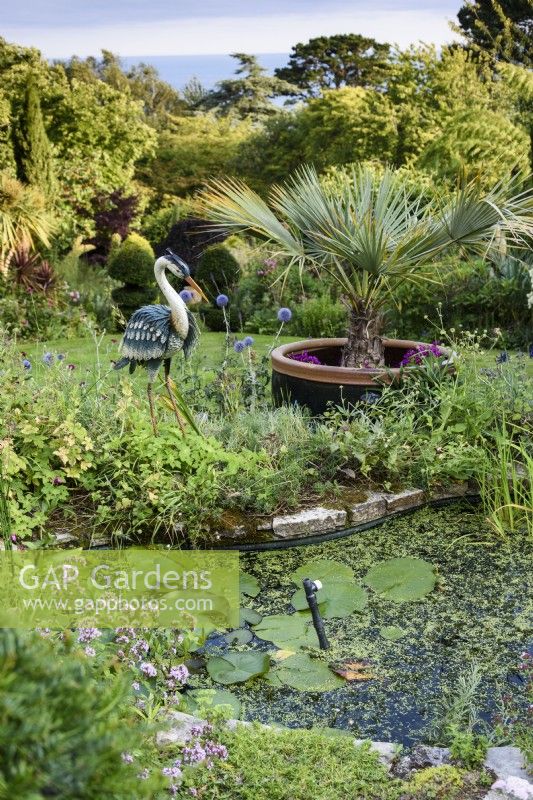 Bassin de jardin surplombé par un héron décoratif en métal en juillet
