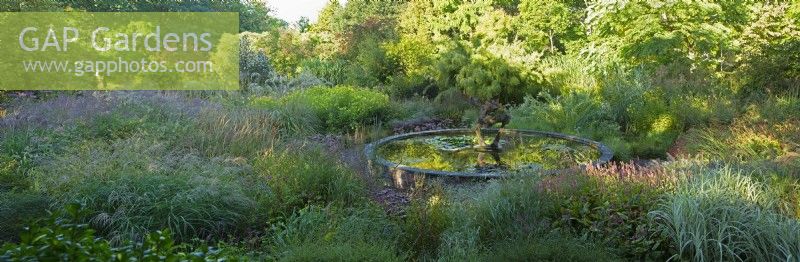 Une vue panoramique sur le jardin du Dragon avec un étang circulaire surélevé, une sculpture de dragon et des parterres de fleurs et des arbres vivaces environnants