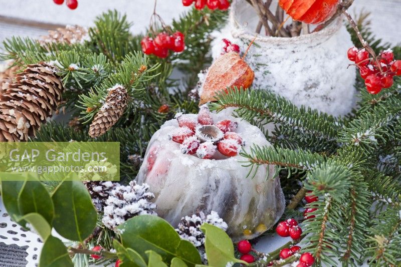 Arrangement hivernal avec gâteau glacé, branches d'épinette et bouquet de lanternes chinoises et brindilles de rose de Gueldre avec baies.