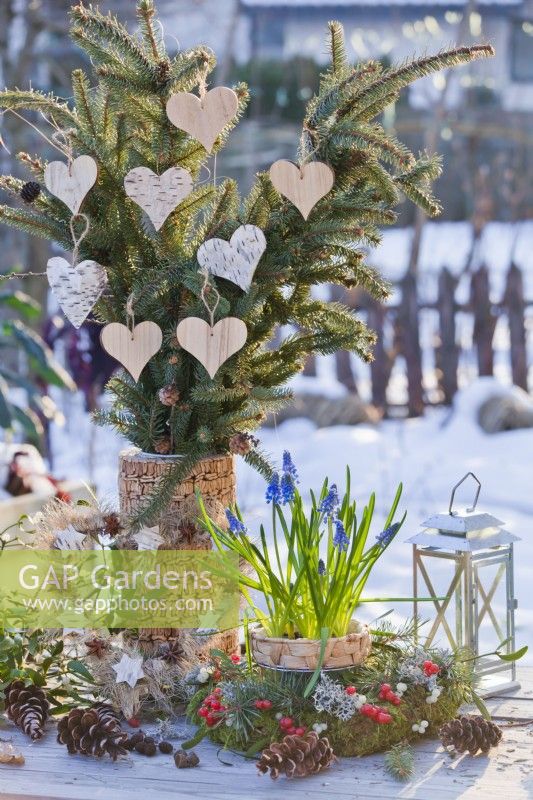 Arrangement hivernal extérieur avec couronne, muscari en pot et branches d'épinette décorées de coeurs en bois.