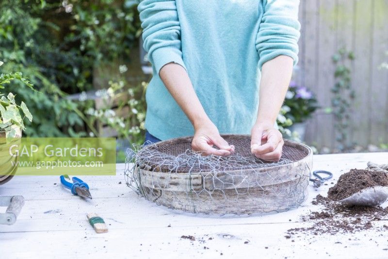 Femme câblant du grillage à un tamis à compost