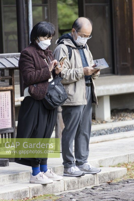 Couple japonais portant des masques regardant des informations sur le jardin sur un téléphone et une brochure.