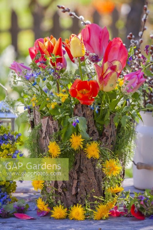 Bouquet de fleurs printanières comprenant des fleurs sauvages et des tulipes dans un vase recouvert d'écorce. Couronne composée de fleurs de pissenlit.
