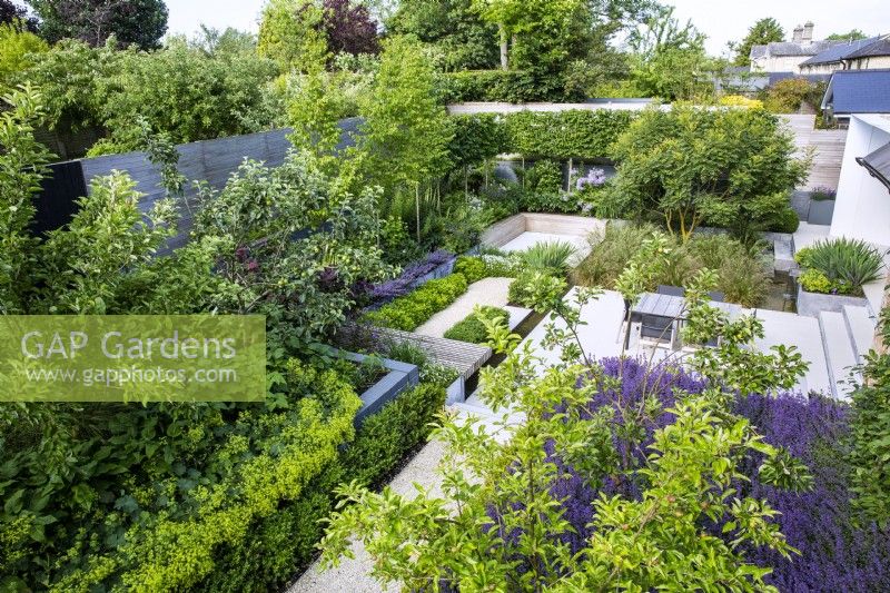 Vue d'ensemble du jardin moderne avec coins salons et plantation verte et violette