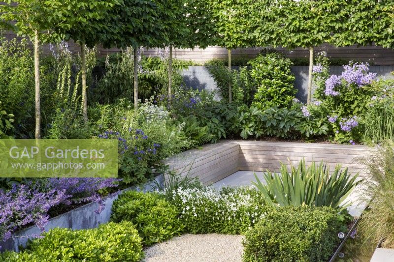 Banc intégré contemporain et parterres de fleurs surélevés dans un jardin moderne