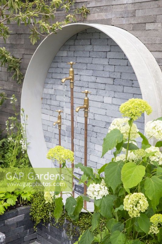 Une pièce d'eau circulaire utilisant des pavés en briques d'argile grises empilés et un contour en béton contre un mur avec des robinets en laiton récupérés comme becs d'eau et un Hortensia arborescens 'Annabelle'.