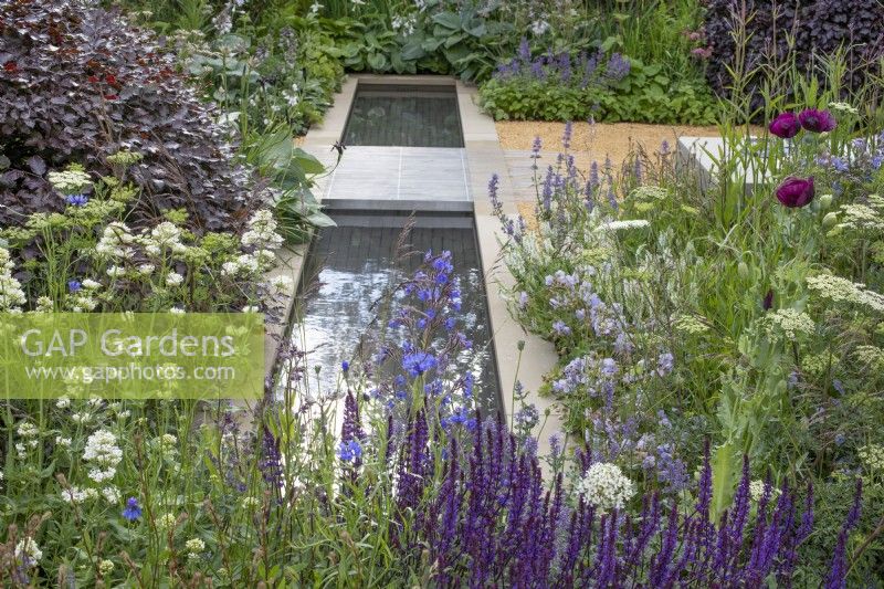 Le ruisseau entouré de plantes vivaces mixtes dans « The Wedgwood Garden » au RHS Chatsworth Flower Show 2019, juin 