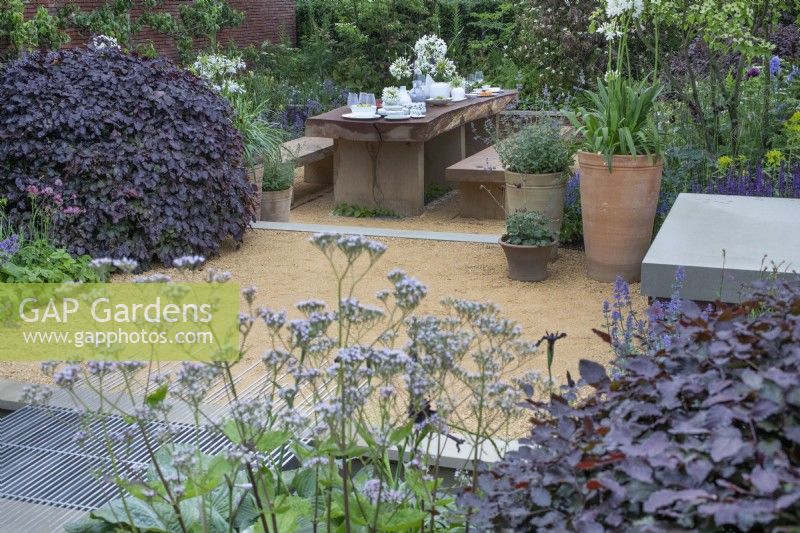 Dômes coupés de Fagus sylvatica 'Atropurpurea' - Hêtre cuivré, de chaque côté du patio dans 'The Wedgwood Garden' au RHS Chatsworth Flower Show 2019, juin 