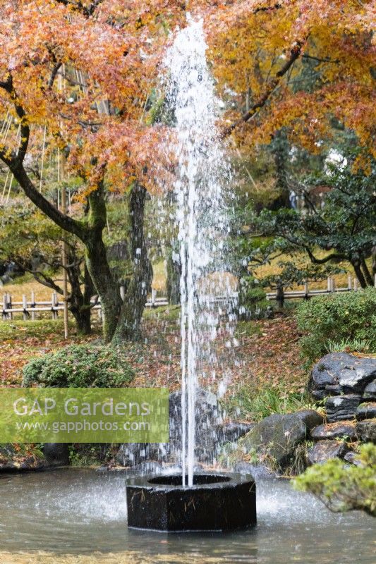 Fontaine dans un petit bassin, considérée comme la plus ancienne fontaine du Japon, datant du 19e siècle et alimentée par l'étang Kasumigaike. Arbres aux couleurs d'automne derrière. 