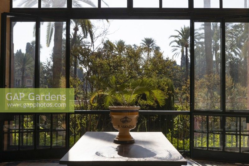 Une urne avec un palmier en pot posé sur une table en marbre dans une grande fenêtre ouverte avec vue sur les jardins du palais du Real Alcazar, à Séville. Espagne. Septembre. 
