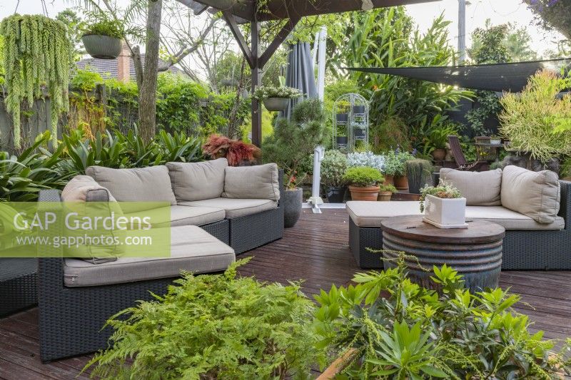Espace de divertissement extérieur comprenant des plantes en pot et du mobilier d'extérieur. 