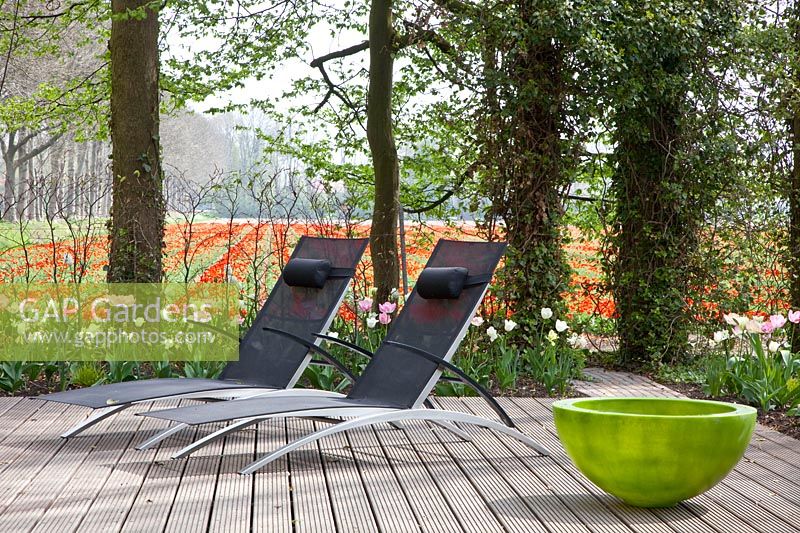 Coin salon avec terrasse en bois, vue sur les champs de tulipes environnants 