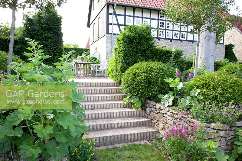 Escaliers dans le jardin à flanc de colline 