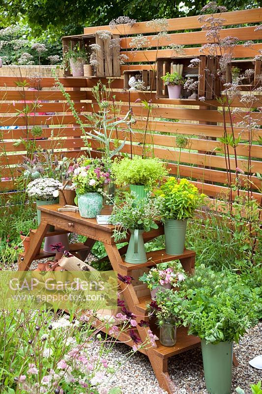Table à plantes et étagères sur un mur en bois 