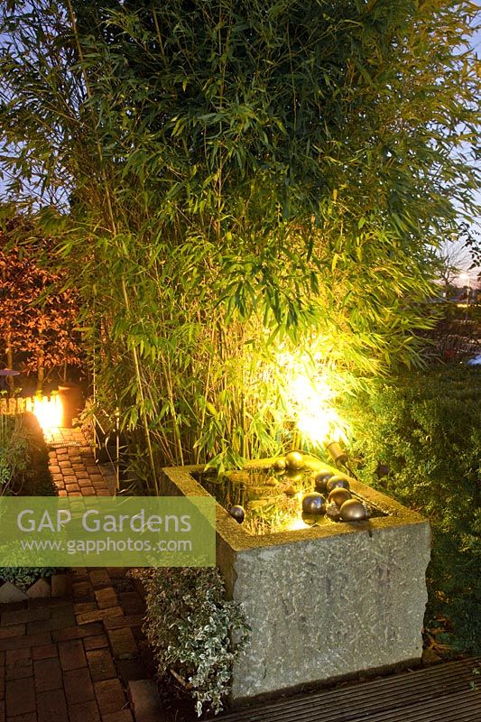 Lumière dans le jardin, bambous éclairés par un spot et un bassin d'eau 