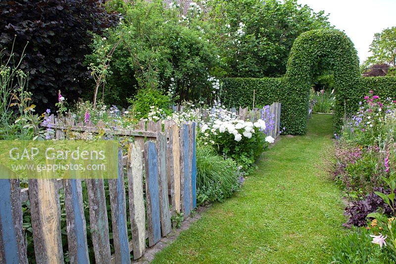 Jardin de maison de campagne avec clôture et haie de hêtres, Fagus sylvatica 