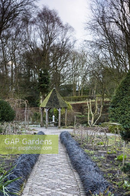 Chemin bordé d'Ophiopogon planiscapus 'Nigrescens' au York Gate Garden en février 