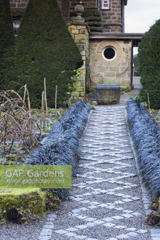 Chemin de gravier avec motif en forme de losange bordé d'Ophiopogon planiscapus 'Nigrescens' au York Gate Garden en février 