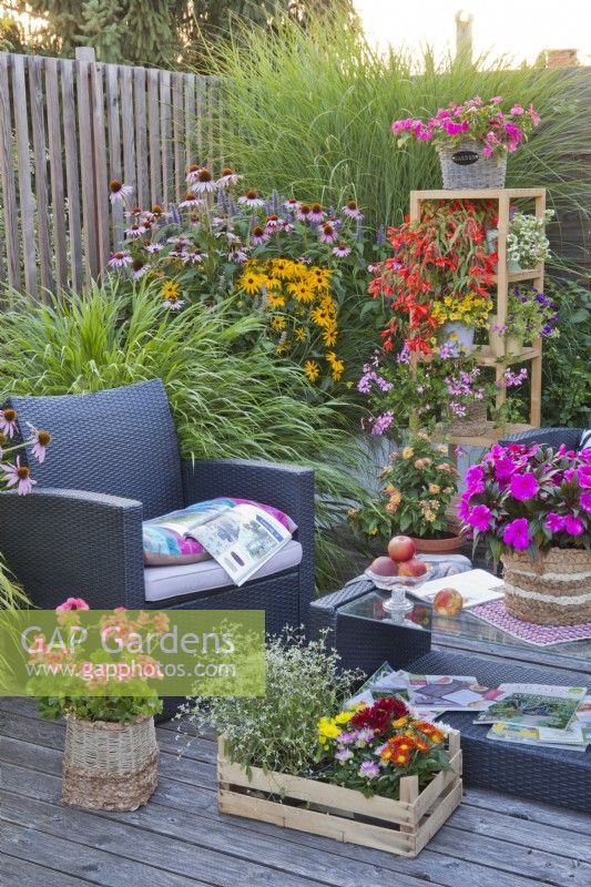Terrasse d'été avec pots de fleurs annuelles et salon de jardin. 