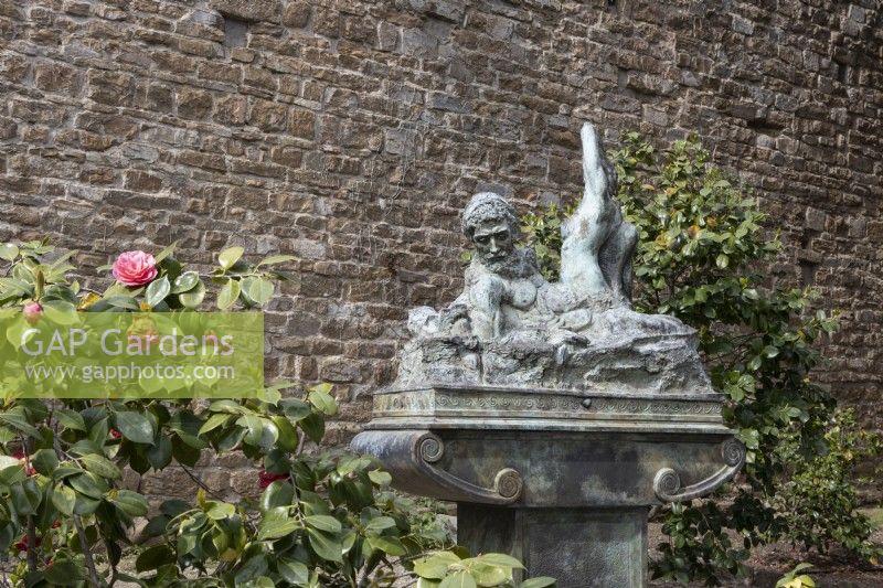 Une statue d'un homme allongé sur un piédestal à volutes, à côté d'un camélia rose en fleurs et d'un vieux mur de briques derrière. Jardins Bardini, Florence. Printemps. Avril, 