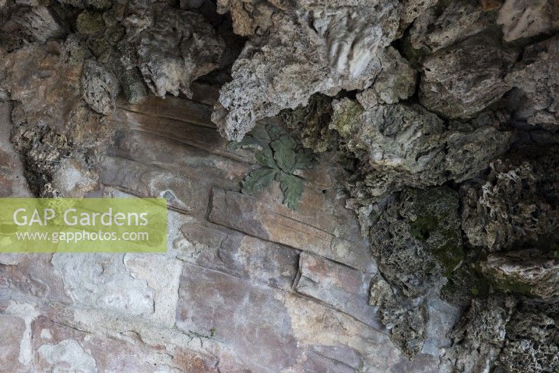 Détail de l'intérieur de la 'Petite Grotte', du XVIIIe siècle avec décorations en stuc. Jardins Bardini, Florence, Italie. Printemps, avril. 