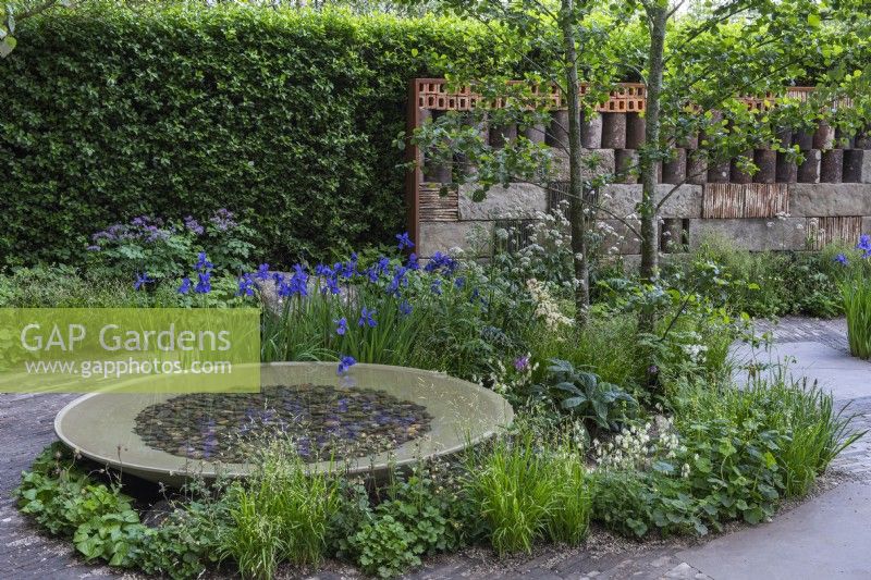 Un bol d'eau calme bordé d'Iris sibirica, de graminées et de plantes vivaces à feuilles se trouve à l'ombre d'un jardin boisé. Derrière se trouve un mur caractéristique construit à partir de matériaux récupérés. 