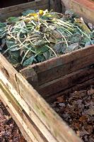 Bacs à compost en bois avec un matériau de compost général et des feuilles pour la moisissure des feuilles