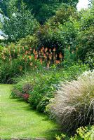 Les parterres longs avec Kniphofia, herbes ornementales, Hosta et arbustes. 27 juin. École de conception de jardins de Lucy Redman, Rushbrook, Nr. Bury St. Edmunds, Suffolk.