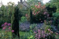 Syringa 'Bellicent' dans un parterre de fleurs colorées - Park Farm, Essex