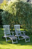 Chaises vapeur extérieures sous les arbres - Abbey House Garden, Wiltshire